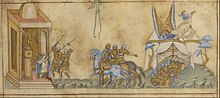 Miniatures from a book showing three separate episodes from the Israelites' battle with Sennacherib including him being killed by two spears