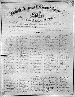 <span class="mw-page-title-main">Impeachment of Andrew Johnson</span> 1868 impeachment of Andrew Johnson, 17th US president