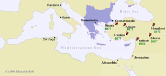 Map of the Mediterranean Sea with the extent of the Byzantine Empire highlighted