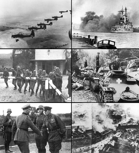 Bombardéry Luftwaffe nad Polskem; Německá bitevní loď Schleswig Holstein střílí na Westerplatte; Gdaňská policie ničí polský hraniční přechod; Německý tank a obrněný vůz ve formaci; Německé a sovětské jednotky si potřásají rukou; Bombardování Varšavy.