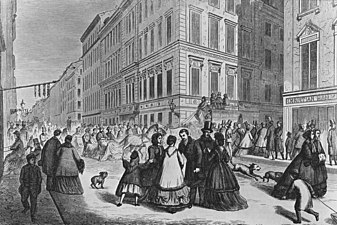 Drottninggatan norrut vid hörnet med Fredsgatan på vintern 1867.