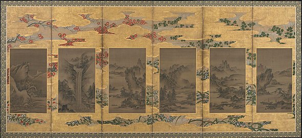 Paysages, fleurs et arbres des quatre saisons. Kanō Motonobu, début XVIe siècle. Paravent à six panneaux. Encre, couleur et or sur papier, 175,2 x 375,8 cm.