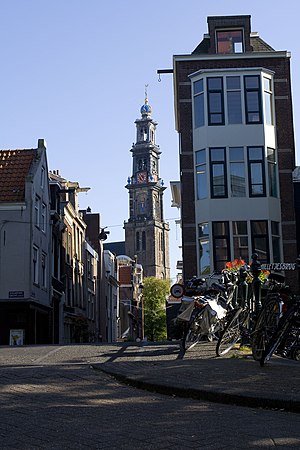 A view of the Westertoren from the Jordaan in Amsterdam, The Netherlands.