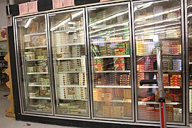 Frozen processed food freezer in supermarket