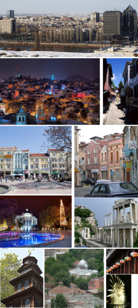 From top, left to right: Plovdiv on the banks of Maritsa • The old town at night • A street in the old town • The central street • A street • City Hall • Plovdiv Roman Theatre • Saint Marina Church • The baths and the Cyril and Methodius Church • Dzhumaya Mosque • Fountain