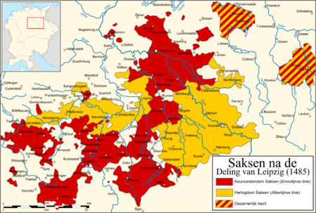 Kaart van Saksen na de Deling van Leipzig in 1485 met het Ernestijnse keurvorstendom in het rood en het Albertijnse hertogdom in het geel.