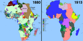 Porovnání politické mapy Afriky z roku 1880 s rokem 1913.