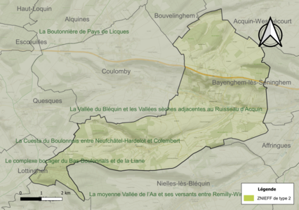 Carte des ZNIEFF de type 2 sur la commune.