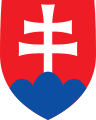 Coat of arms of Slovakia, a double-cross elevated on the middle peak of a dark blue mountain consisting of three peaks.