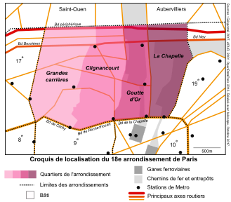 Croquis de localisation du quartier de Clignancourt, des quartiers voisins et des principales infrastructures de transport dans le 18e arrondissement.