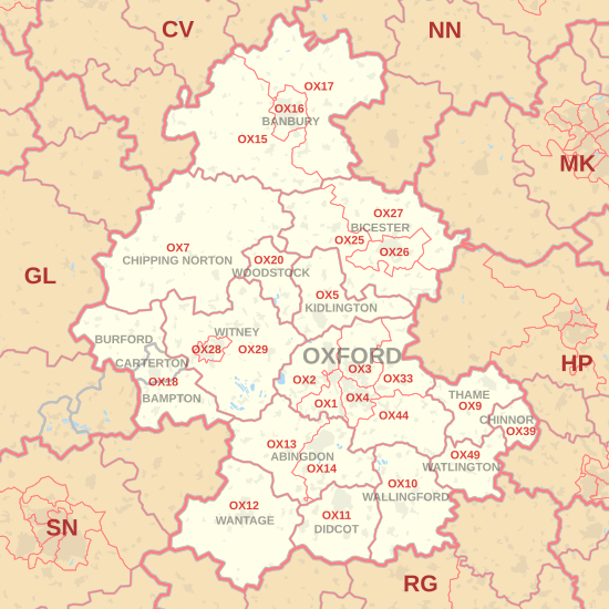 OX postcode area map, showing postcode districts, post towns and neighbouring postcode areas.