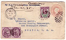 A 1895 cover postmarked on the London & Holyhead TPO to be placed on board ship at Queenstown, in Cork, per the manuscript annotation UK-1895-TPO cover.jpg