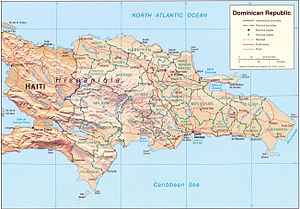 An enlargeable relief map of the Dominican Republic, located on the island of Hispaniola, which it shares with Haiti. Dominican-republic.jpg