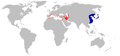 Mapa de distribución de Myotis capaccinii en rojo, y de sinonimo Myotis macrodactylus en azul.