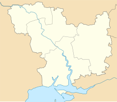 Mapa konturowa obwodu mikołajowskiego, u góry nieco na lewo znajduje się punkt z opisem „Południowoukraińska Elektrownia Jądrowa”