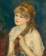 皮耶-奧古斯特·雷諾瓦的《正在編辮子的年輕女子》（Young Woman Braiding Her Hair），55.5 × 46cm，約作於1876年，來自愛爾莎·梅隆·布魯斯的收藏。[60]