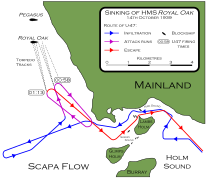 Map of the route taken by Prien when infiltrating Scapa Flow, firing his torpedoes and fleeing the harbour. There are many twists and turns avoiding the islands and blockships, and while trying to find a target.