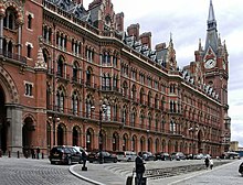 The distinctive Gothic architecture of St Pancras railway station survived demolition, unlike neighbouring Euston. 20110602 London 11.JPG