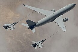 ZZ334 (MSN: 1033) with its two under-wing refuelling hoses extended refuels two RAF Tornado GR4 during Operation Shader, 4 March 2015, over Iraq.