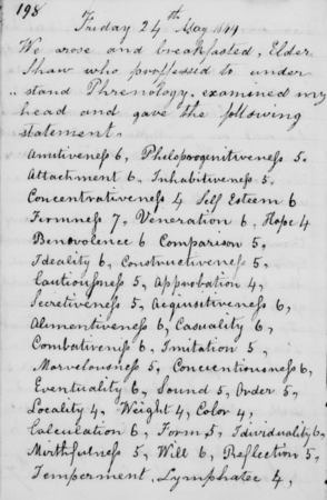 Phrenology chart of Latter Day Saint pioneer Alfred Cordon as he wrote it in his journal, received May 24, 1844.