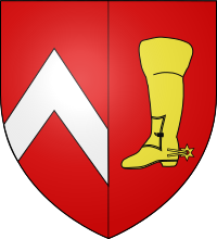 Coat of arms of Aresches municipality in France displays a boot in the heraldic left field Blason Aresches.svg