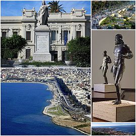 Collage of Reggio Calabria, Clockwise from top of left to right:Piazza Italia, Lungomare Falcomata, Riace bronze statues in Magna Grecia National Museum, View of downtowm Reggio Calabria, Messina Strait from Rotonda Square, seaside coast in Reggio Calabria