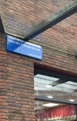 Blauw straatnaambord bevestigd aan een bakstenen gebouw