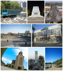 Top left:A Santiago Metro train arriving in Maipú, Top middle: Battle of Bailén Memorial, Top right: April 5th Avenue, Middle left: Maipú Main Square, Middle right: Maipu Municipal Theater, Bottom left: Votive Temple, Bottom middle: Mall Arauco Maipú, Bottom right: Santiago Bueras Stadium