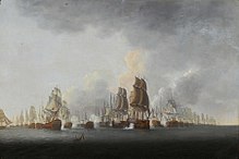 Two lines of sail warships sailing away from the viewer, firing broadsides at one another; in the center middle ground receding to the right background are the British in orderly line of battle; in the left-center middle ground receding into the left background are the French in orderly line of battle; but in the center to center-left middle ground is a melee of mixed flagged ships all firing and in moving in several directions.