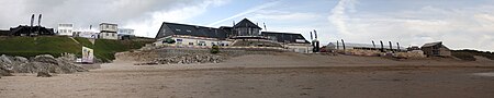 Fistral Beach showing the beach bar setup ready for the 2010 Boardmasters Festival BoardmastersFistralPre2010.jpg