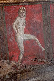 A satyr dancing. A fresco from the cubiculum in the Villa of the Mysteries. From Pompeii. Date: 80 to 70 BCE [73]