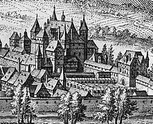 El antiguo Castillo de Simmern, en una representación de Matthäus Merian de 1648. Desde 1410, con Esteban del Palatinado-Simmern-Zweibrücken, fue sede del recién fundado Ducado del Palatinado-Simmern .