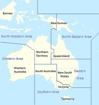 Map of Australia showing state borders, with RAAF area command boundaries superimposed