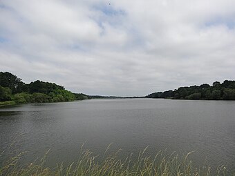 Le lac de Latrille, situé à cheval sur les communes de Ségos et de Latrille dans les Landes.