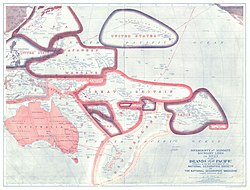 1921年的太平洋政治形勢圖，標示「日本委任統治」（Japanese Mandate）範圍內為南洋群島