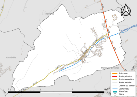 Carte en couleur présentant le réseau hydrographique de la commune