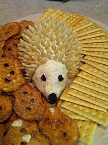 Cheese ball hedgehog with crackers Cheese ball hedgehog.jpg