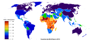 Коефициент на раждаемостта в страните по света през 2014 г. (данни на CIA World Factbook)