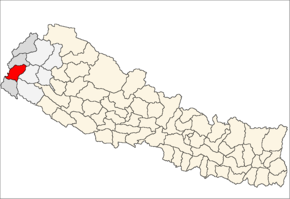 Dadeldhura District i Mahakali Zone (grå) i Far-Western Development Region (grå + lysegrå)