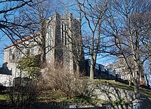 Photograph of St Margaret's Episcopal Convent, Aberdeen taken from street view looking up at the building