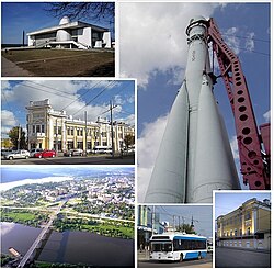 Space museum, Rocket Vostok, House store of Rakov, Kaluga from the height of bird flight, Trolleybus, corner of Moskovskaya and Dostoyevskogo st.