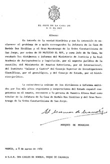 Letter from the Head of the household of the King of Spain to the late Infante (title he received in 1994) Don Carlos, Duke of Calabria, regarding his succession to the Headship of the House of Bourbon-Two Sicilies and Grand Master of the Constantinian Order Mondejar.tif