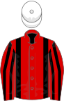 Red, black braces, striped sleeves, white cap