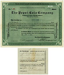 Aktie der Pepsi-Cola Company, ausgestellt am 5. April 1922 auf Caleb Bradham und rückseitig von ihm eigenhändig indossiert