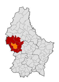 Map of Luxembourg with Redange highlighted in orange, and the canton in dark red