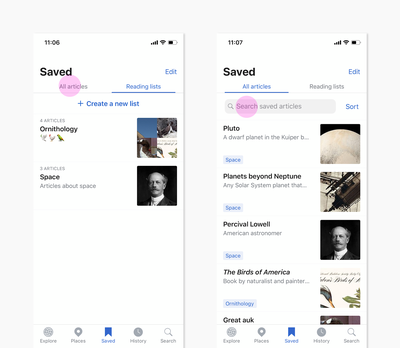 Two screenshots from the iOS app. Within Saved, there are pink highlights on "All articles" and "Search saved articles" options