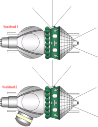 Two illustrations of the semi-spherical Voskhod spacecrafts