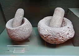 Mortiers et pilons de Sha'ar Hagolan, Yarmoukien (6400-5800 av. J.-C.). Musée de la culture de Yarmouk.