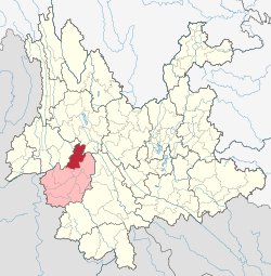 Location of Fengqing County (red) and Lincang City (pink) within Yunnan province