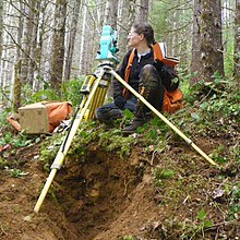 A woman holding a notebook crouches next to a theodolite on a tripod. The instrument is set up on a bank in a forest.